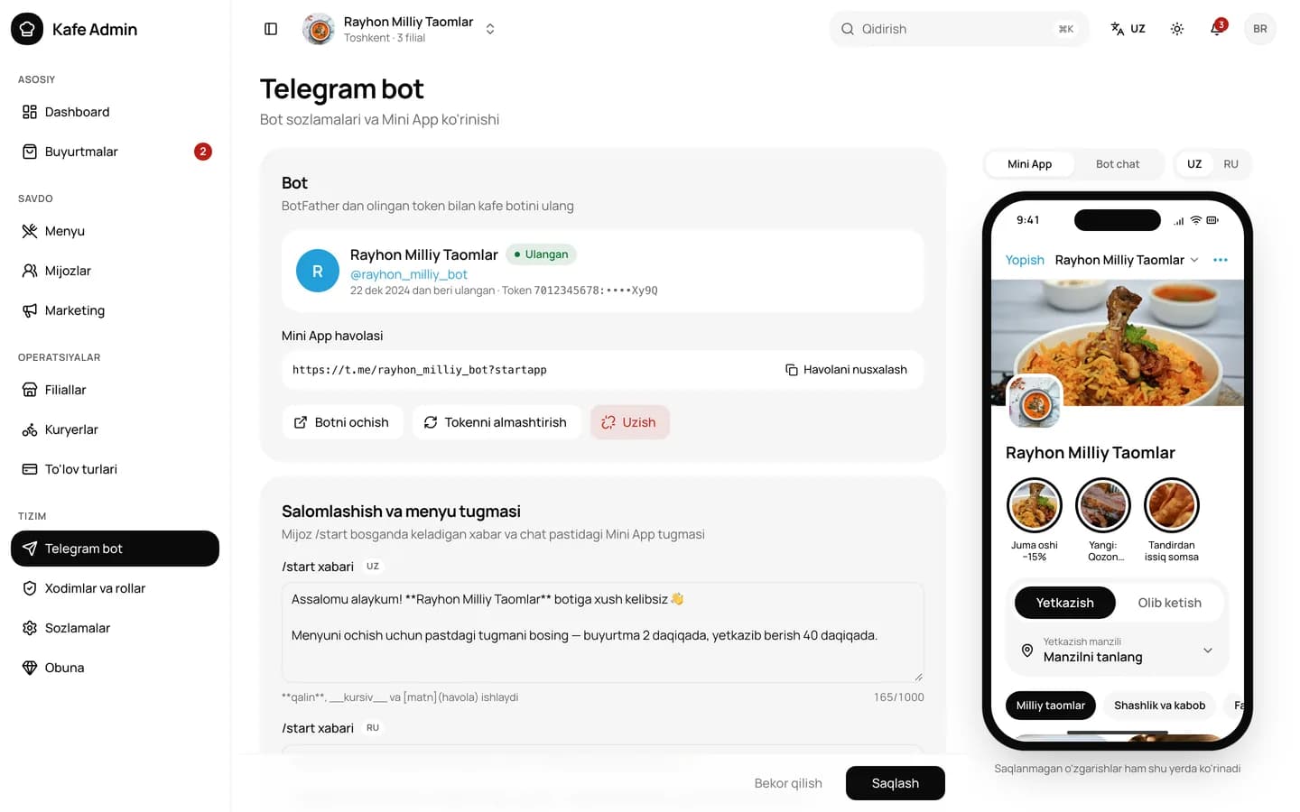 Telegram bot: Mini App ko'rinishini jonli preview da sozlang.